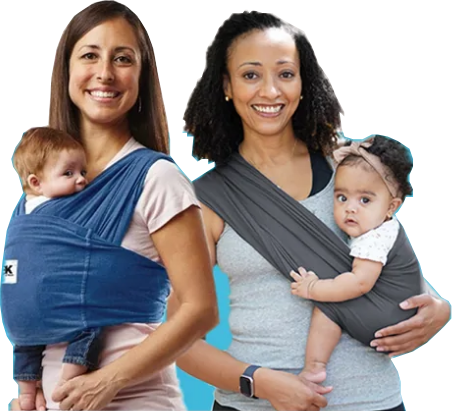 Two women holding babies using baby carriers on a white background
