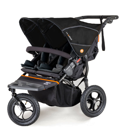 Black and gray double stroller with orange accents on a white background