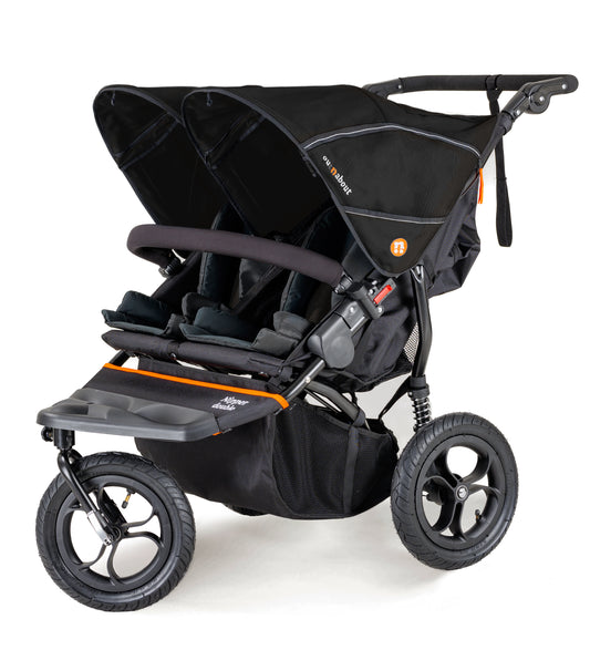 Black and gray double stroller with orange accents on a white background