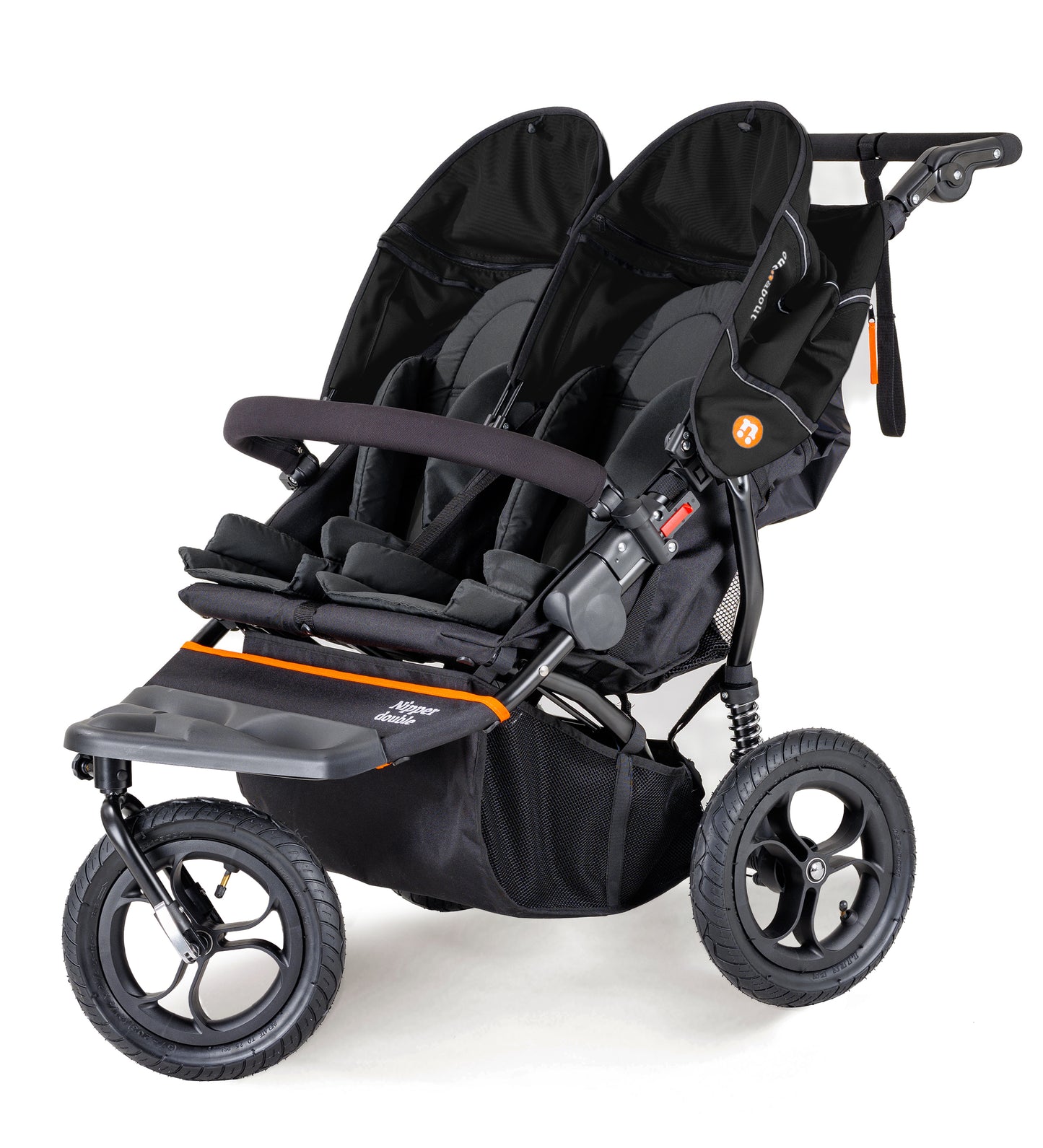 Black double stroller with orange accents on a white background