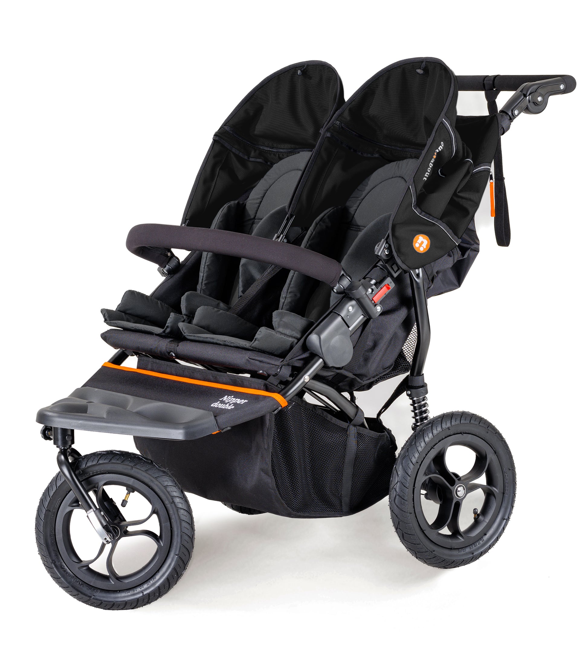 Black double stroller with orange accents on a white background