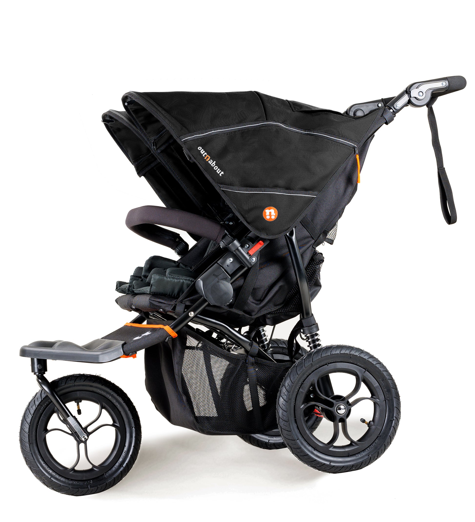 Black stroller with orange accents on a white background