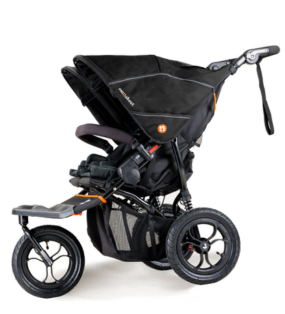 Black stroller with orange accents on a white background