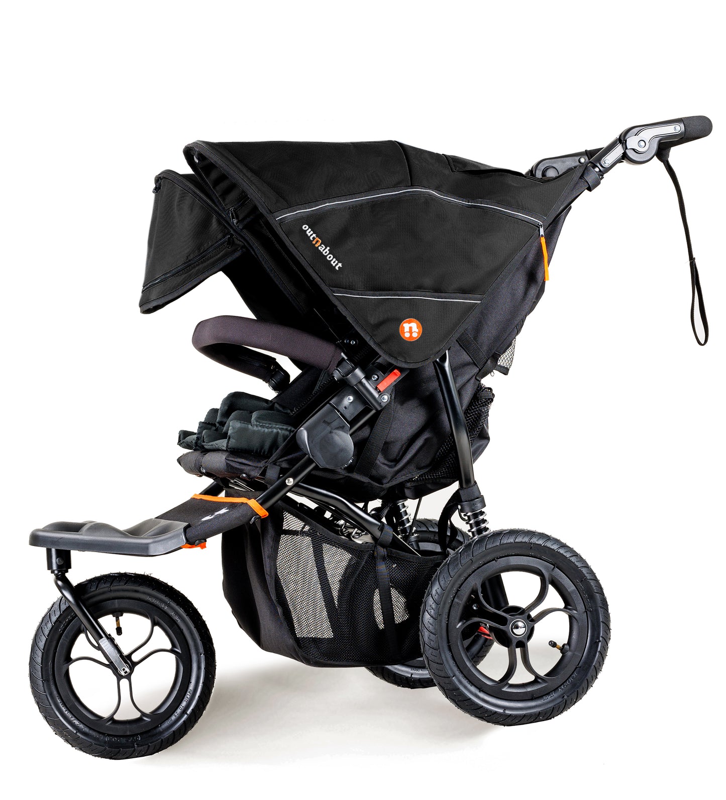 Black stroller with orange accents on a white background