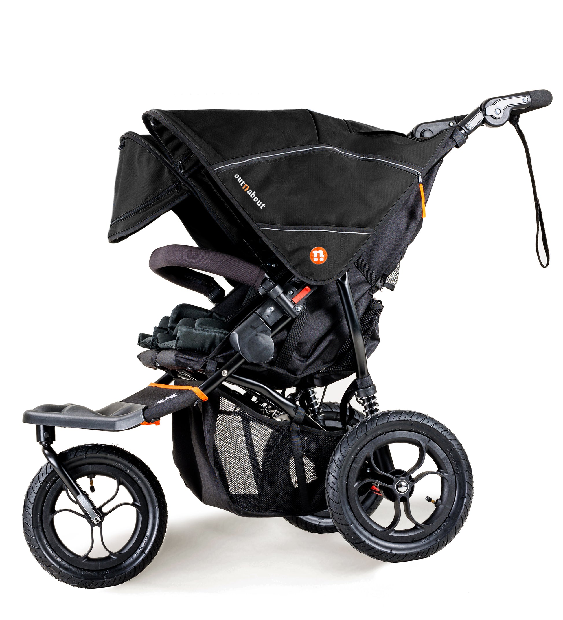 Black stroller with orange accents on a white background