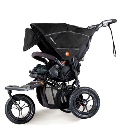 Black stroller with orange accents on a white background