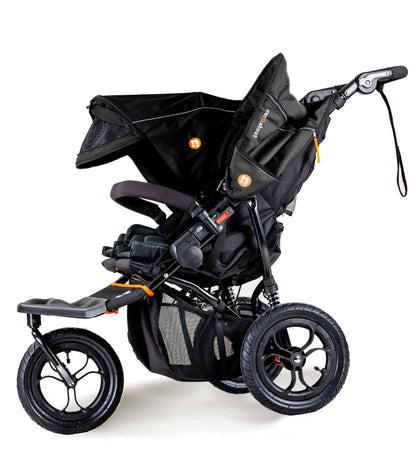 Black stroller with orange accents on a white background