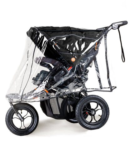 Black stroller with clear rain cover on a white background