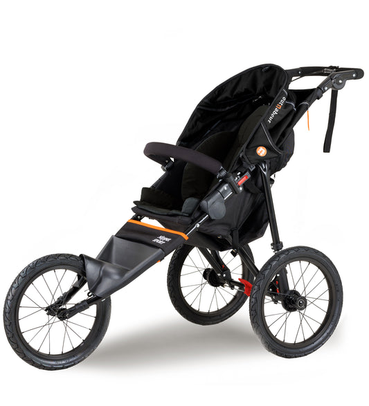 Black and orange stroller on a white background