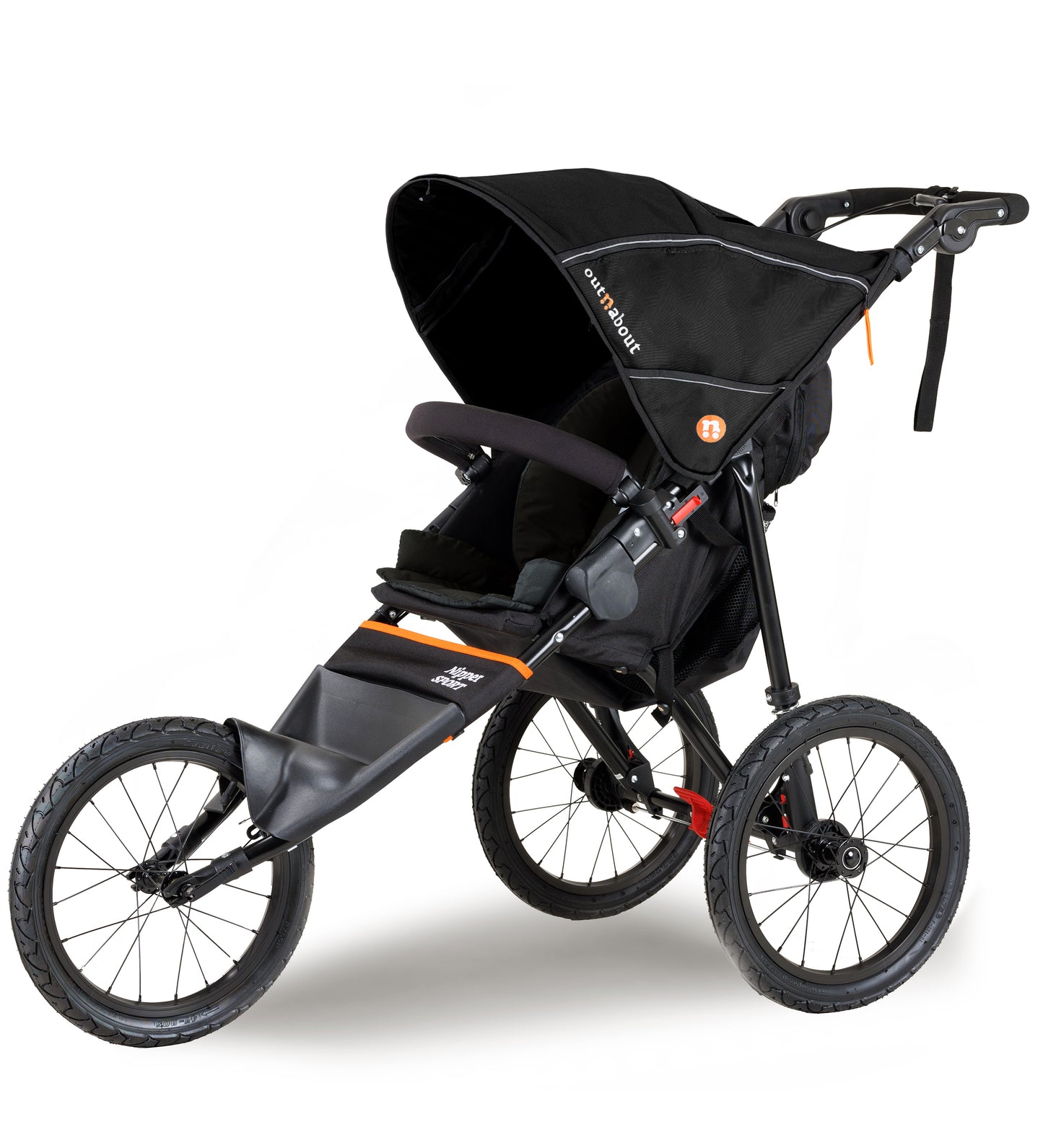 Black stroller with orange accents on a white background