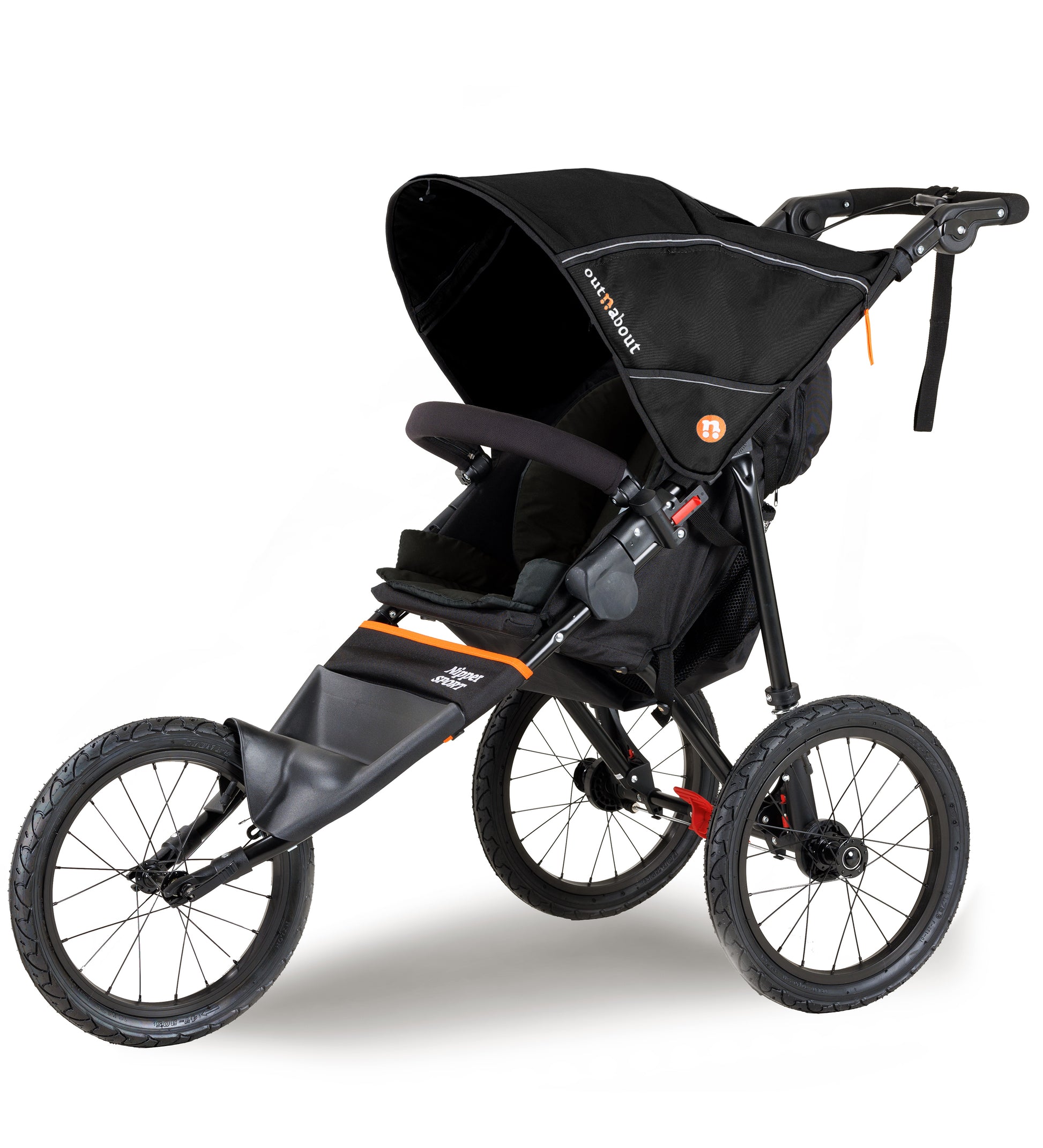 Black stroller with orange accents on a white background