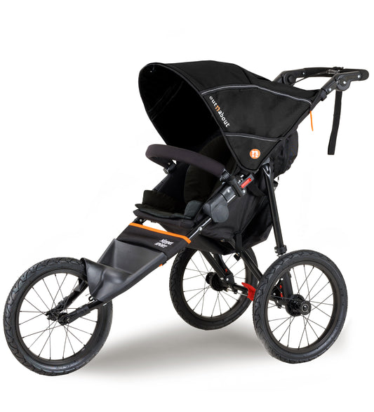 Black and orange stroller on a white background