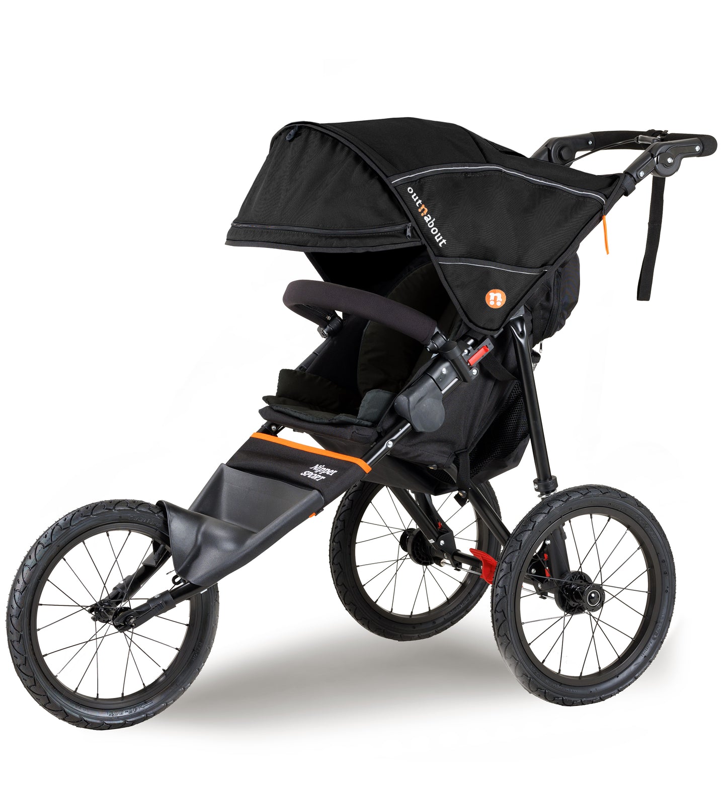Black stroller with orange accents on a white background