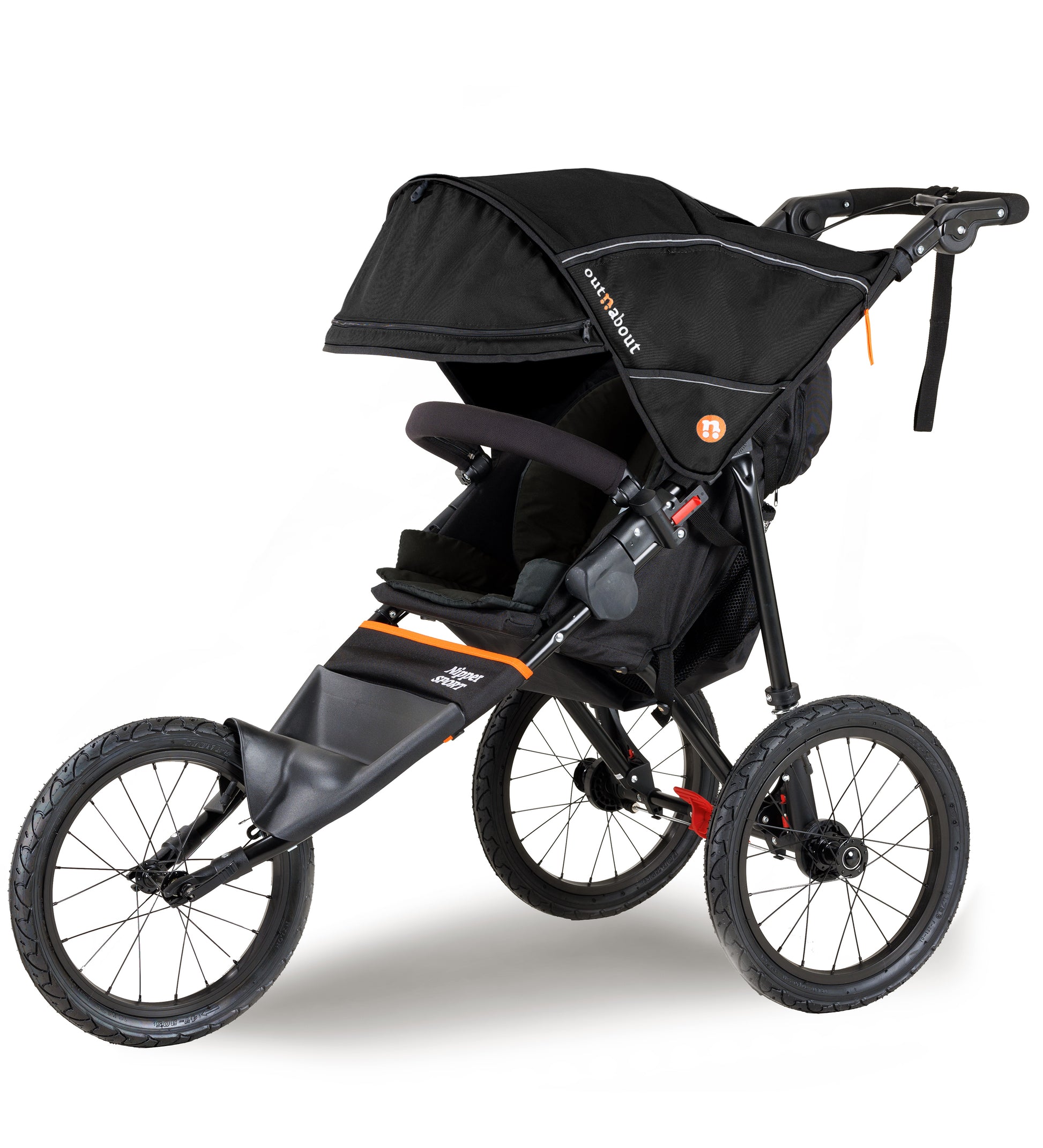 Black stroller with orange accents on a white background