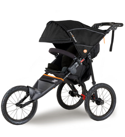 Black stroller with orange accents on a white background