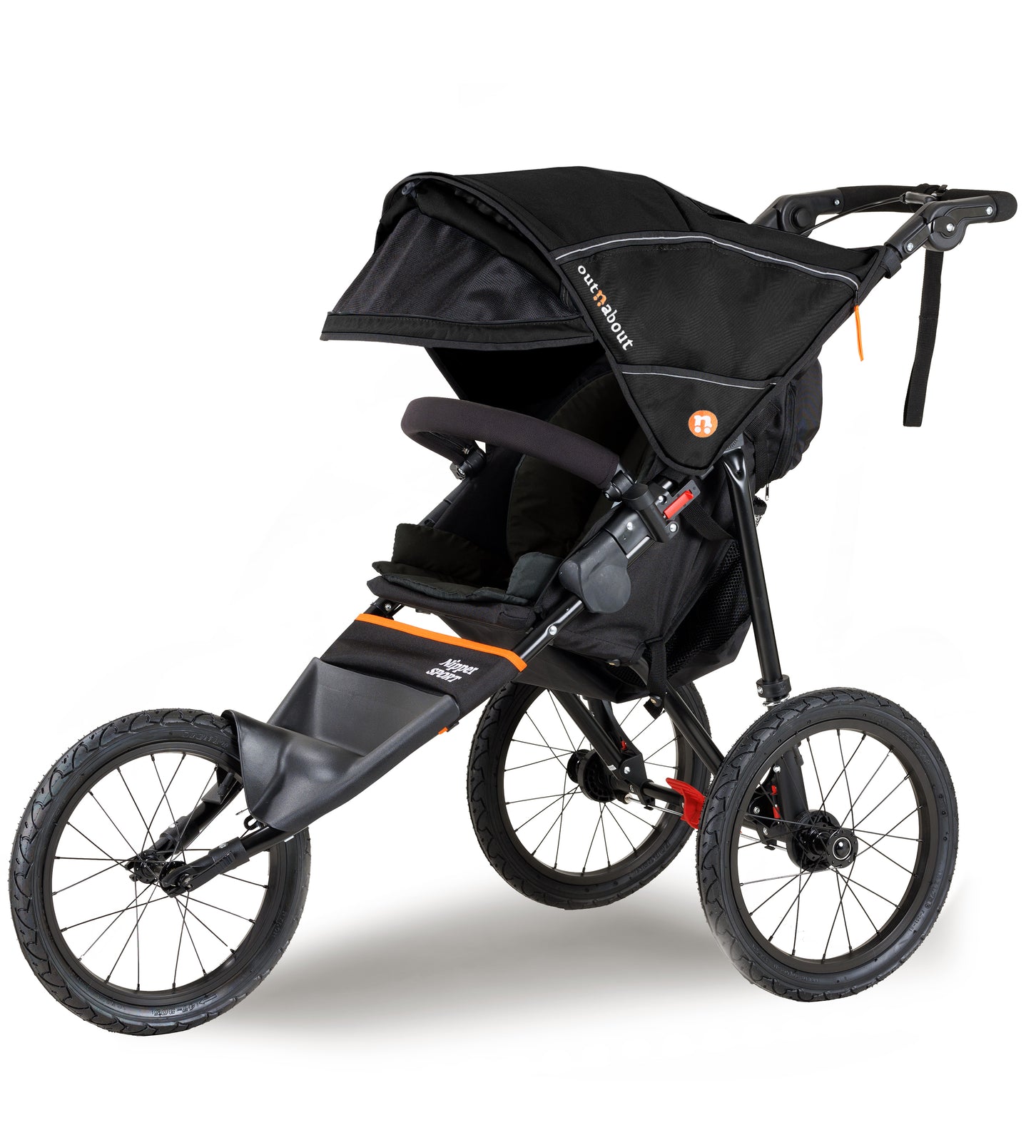 Black stroller with orange accents on a white background