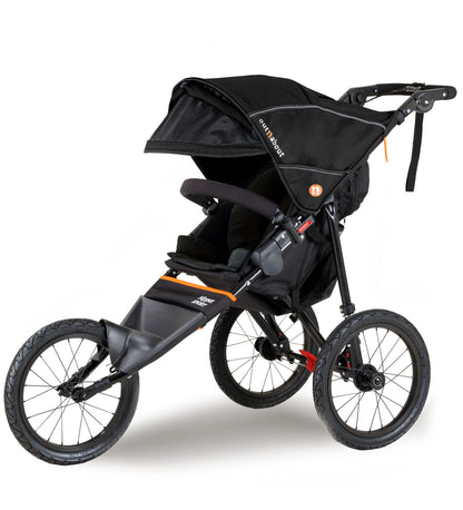 Black stroller with orange accents on a white background