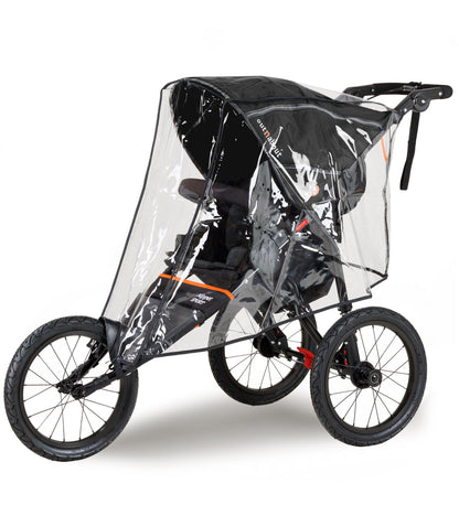 Black jogging stroller with a clear rain cover on a white background