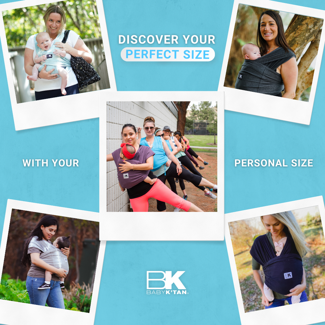A collage of parents holding their babies, showcasing various Baby K'tan baby carriers in use.
