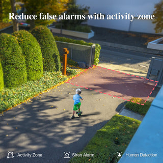 Child riding a scooter on a sidewalk with text about reducing false alarms using an activity zone.
