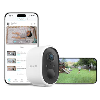 Smart home security camera with smartphone app interface showing live feed and motion detection.