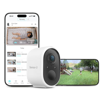 Smart home security camera with smartphone app interface showing live feed and motion detection.