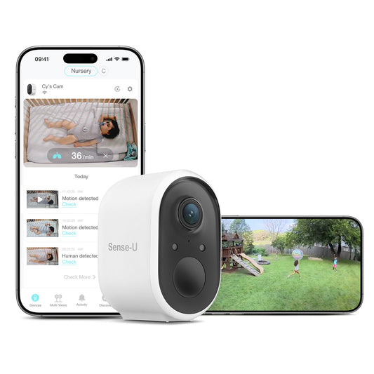 Smart home security camera with smartphone app interface showing live feed and motion detection.