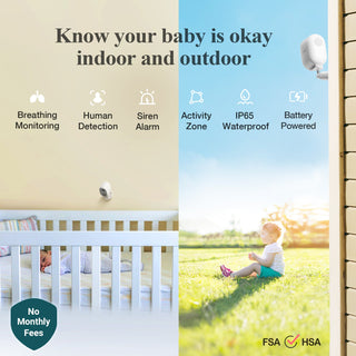Advertisement for a baby monitoring device with features listed and images of a child in a crib and outdoors.