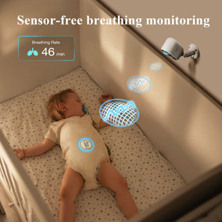 Baby lying in a crib with sensor-free breathing monitoring device above.