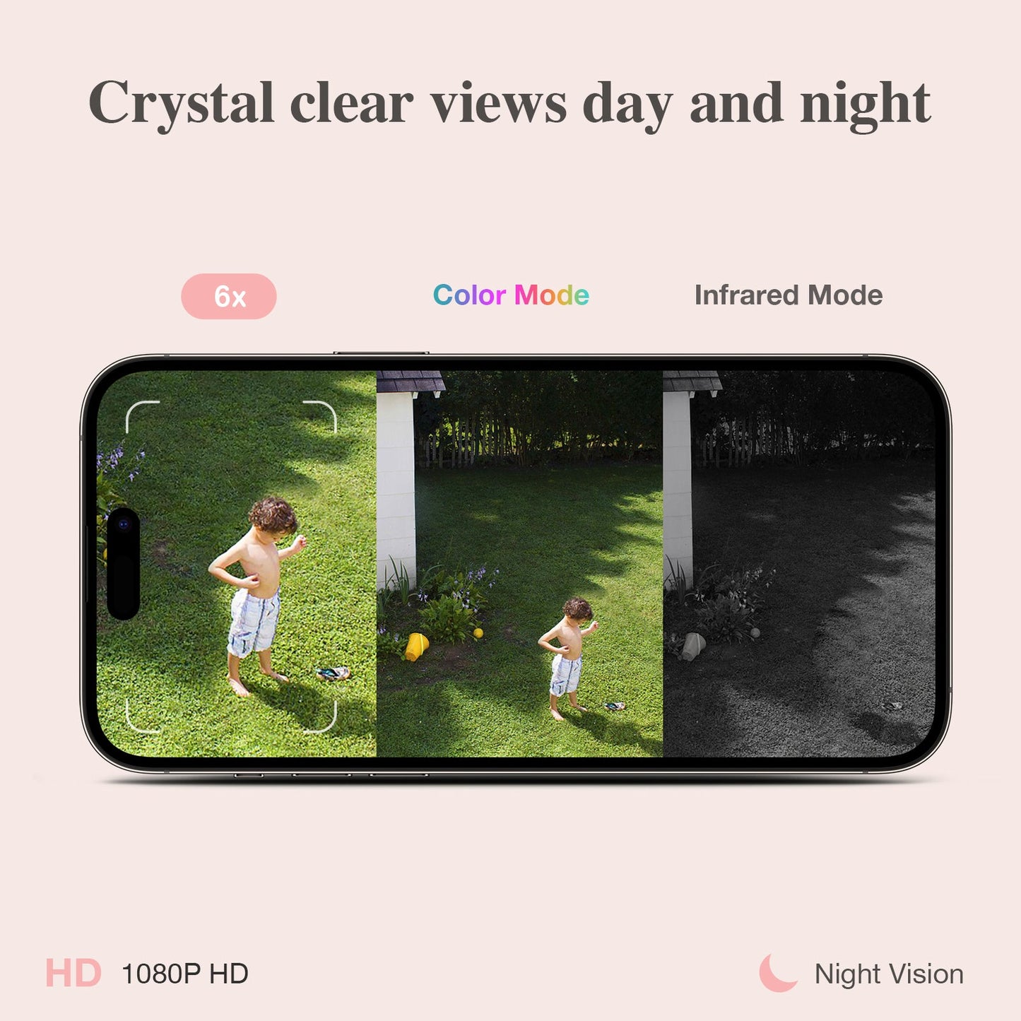 Phone screen displaying a child in a garden with color and night vision modes.