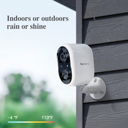 Outdoor security camera mounted on a wall with text 'Indoors or outdoors, rain or shine' and temperature display.