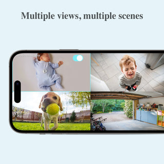 Smartphone displaying multiple video calls with a baby, a child, and a dog in different settings.