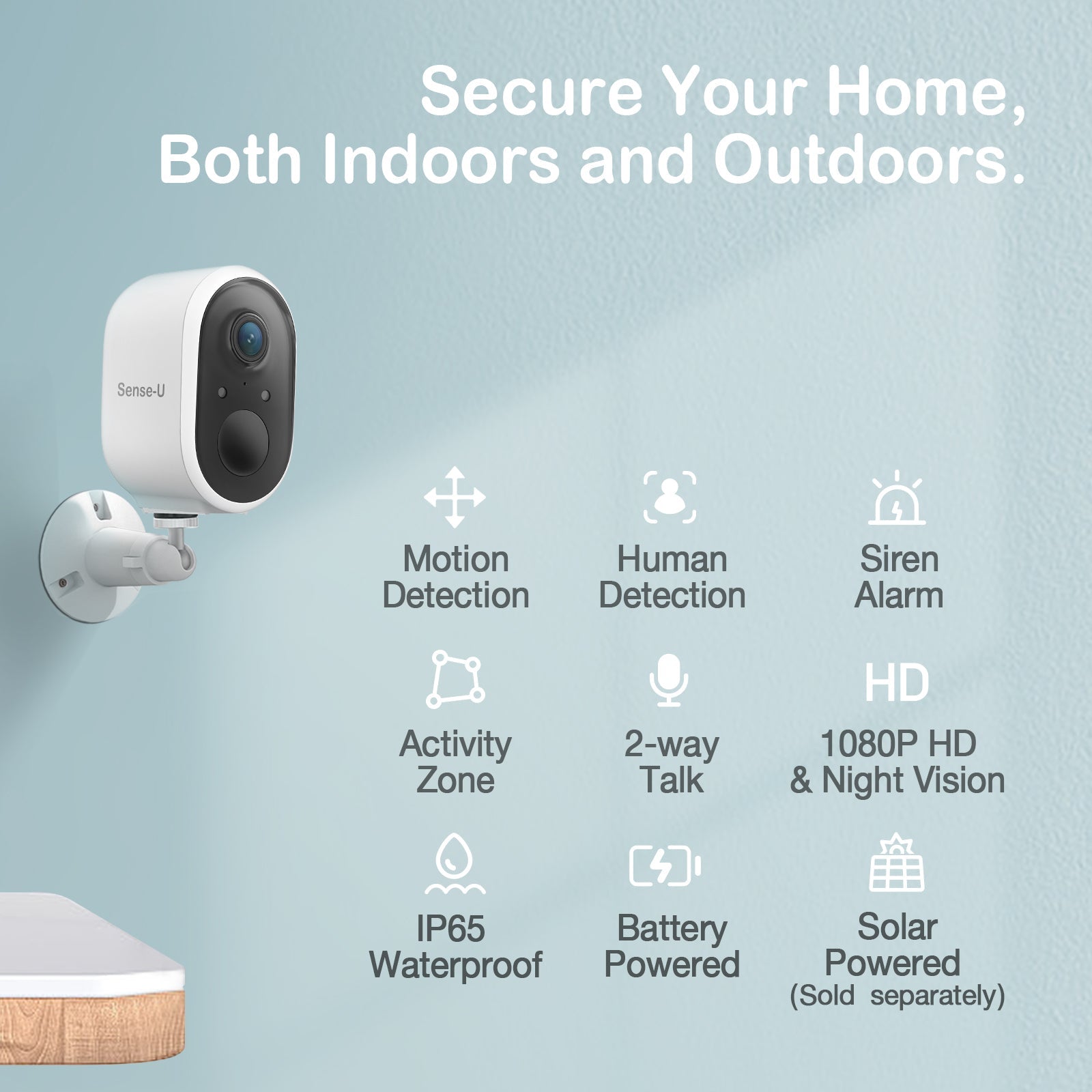 Smart home security camera with features listed on a light blue background