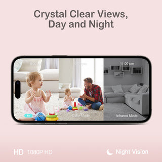 Phone screen displaying a video call with a baby and a man in a living room, with text 'Crystal Clear Views, Day and Night' on a pink background.