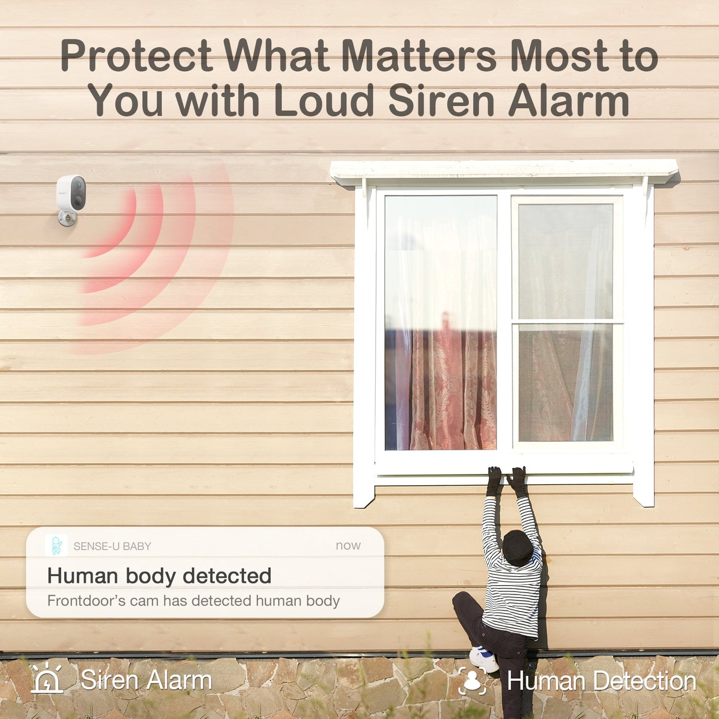Advertisement for a loud siren alarm system on a house exterior with text and graphics.