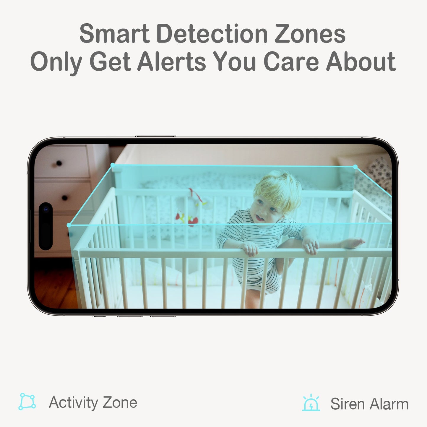 Smart home security app on a phone screen with a child in a crib, highlighting detection zones.