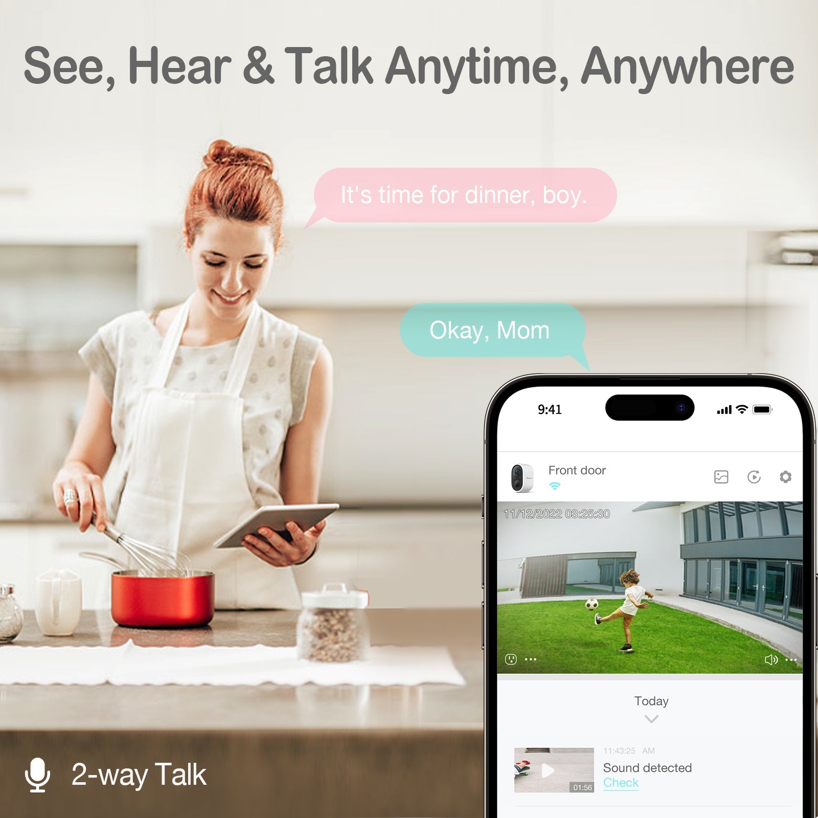 Woman cooking and using a tablet with a smartphone app interface displayed on the screen.