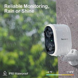 Outdoor security camera on a wall with rain and greenery in the background, emphasizing reliability in various weather conditions.