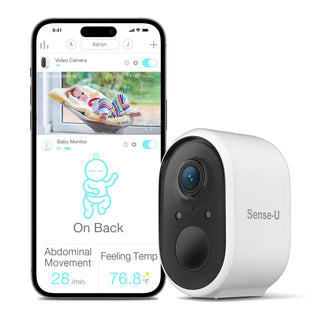 Baby monitor with smartphone displaying app interface on a white background
