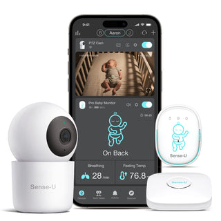 Sense-U baby monitor system with smartphone displaying baby in crib and monitor devices on a white background