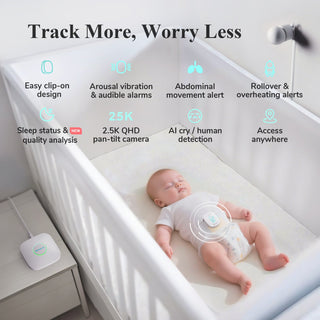 Baby monitor with features listed on a crib, showing a baby sleeping.