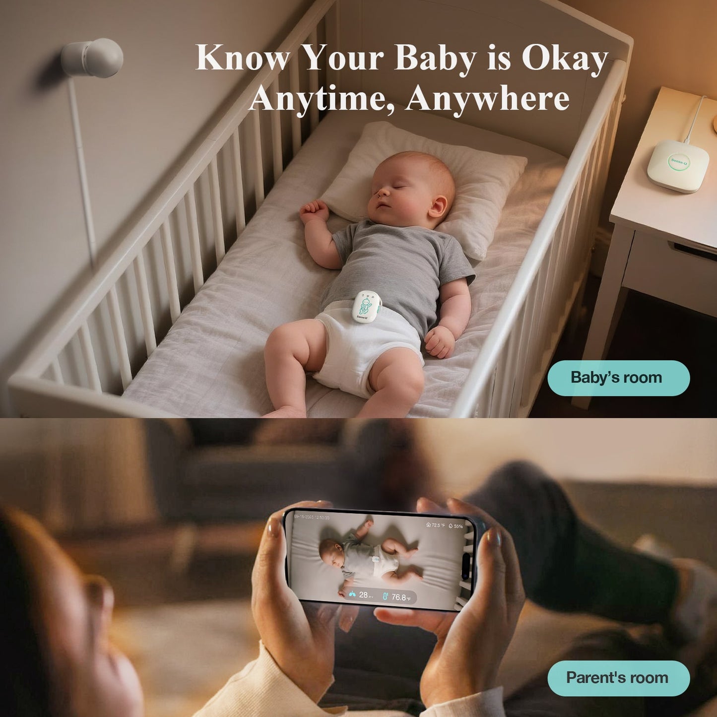 Baby in crib with text 'Know Your Baby is Okay Anytime, Anywhere' and a person watching baby through a phone screen.