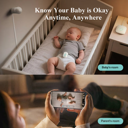 Baby in crib with text 'Know Your Baby is Okay Anytime, Anywhere' and a person watching baby through a phone screen.