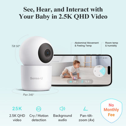 Baby monitor with smartphone display showing baby and features on a light blue background