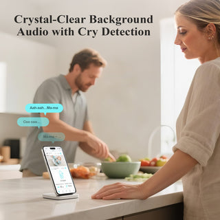 Woman using a smartphone app in a kitchen with text indicating crystal-clear background audio and cry detection.