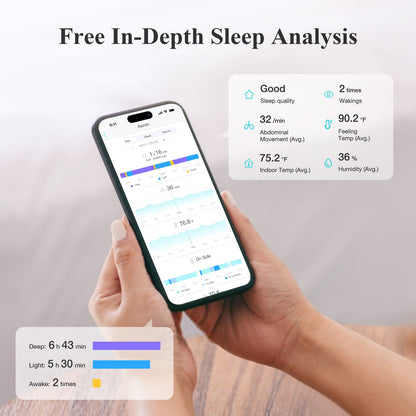Person holding a smartphone displaying sleep analysis app with a blurred background