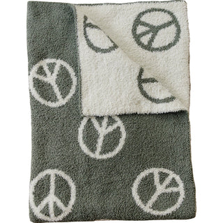 Gray and white towel with peace symbol pattern on a white background