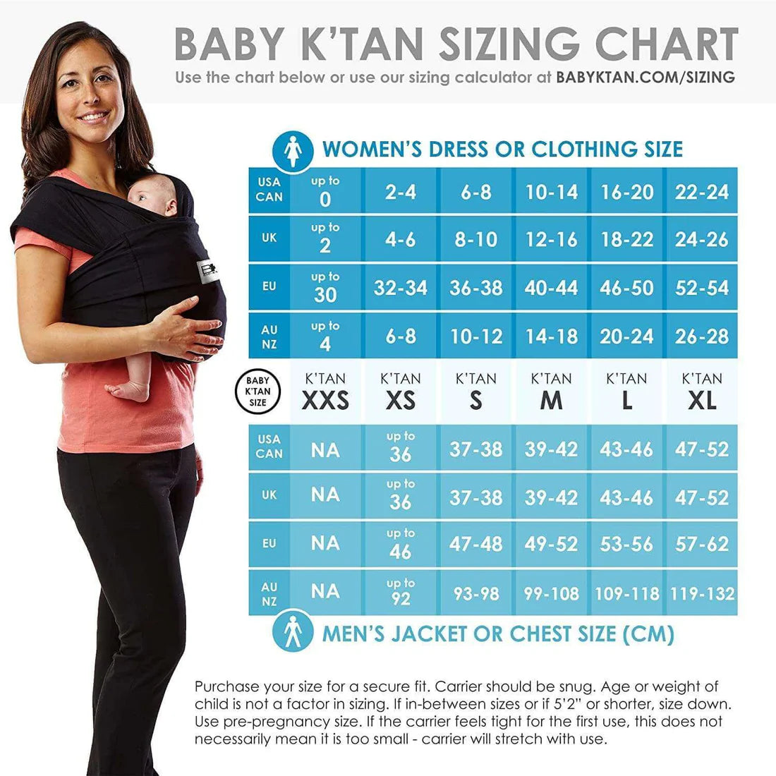 Chart showing Baby K'tan sizes with detailed measurements to assist in choosing the correct fit for baby carriers.