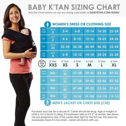 Chart showing Baby K'tan sizes with detailed measurements to assist in choosing the correct fit for baby carriers.