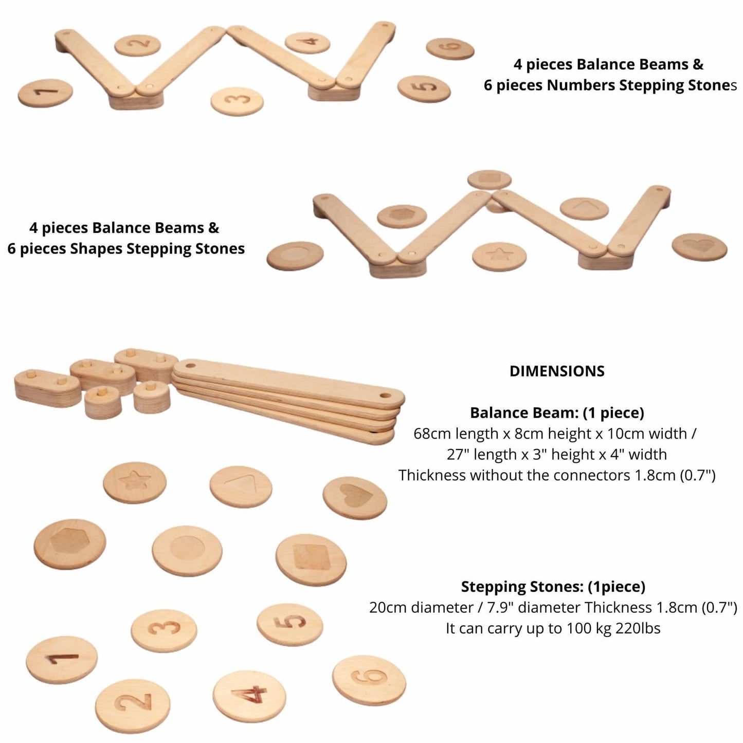 Wooden balance beam and stepping stones set with dimensions and piece counts.